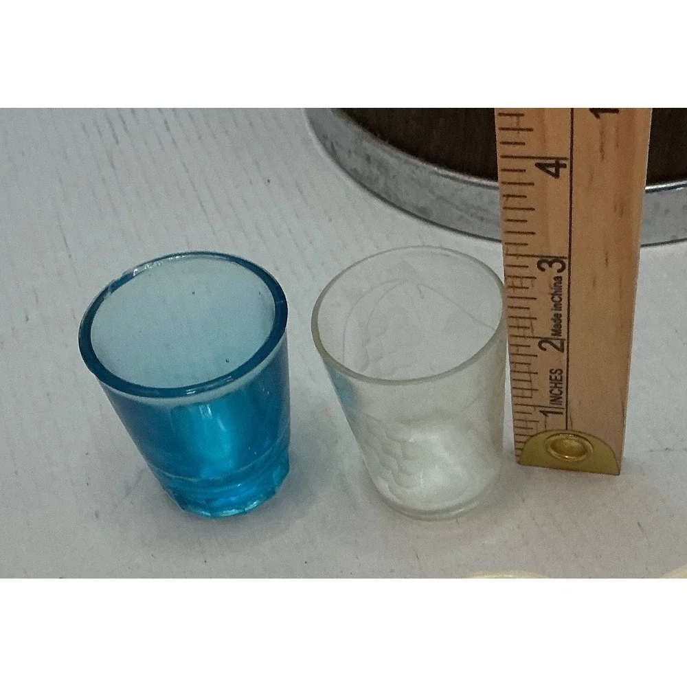Vintage Ice Bucket with 6 Assorted Shot Glasses Wood Grain MCM Style